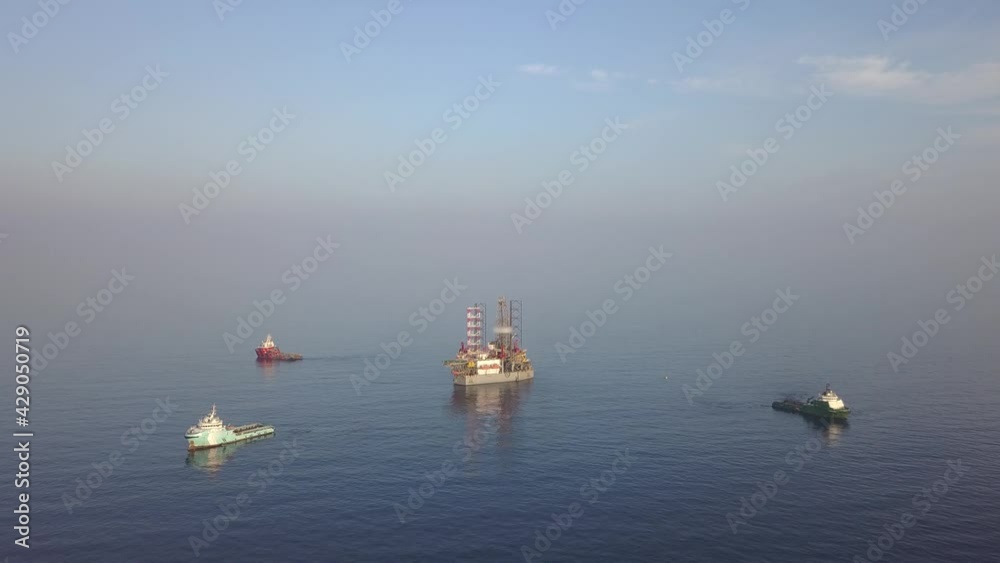 Aerial view of the jack up rig being towed to the offshore location
Aerial view of the jack up rig being towed to the offshore location