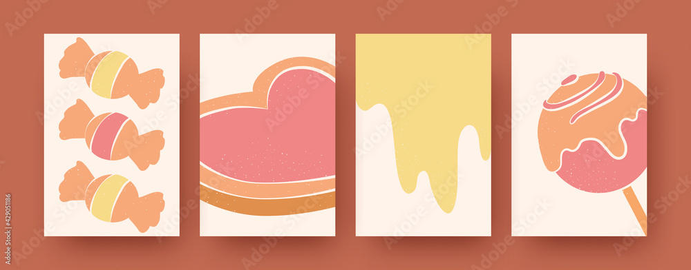 Set of abstract dessert shapes in pastel colors. Tasty candies, cookie and lollypop silhouettes in retro background. Sweet food and confectionery concept for social media, postcards, invitation cards