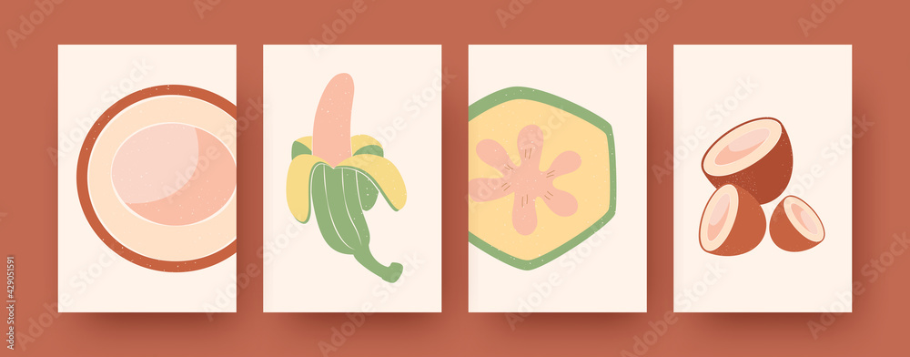 Set of abstract exotic fruit elements in pastel colors. Coconut and banana vector illustration templates. Tropical fruits and healthy food concept for social media, postcards, invitation cards