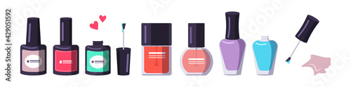 A bottle of nail polish in different shapes and colors. Manicure tools. Caring for the health of hands and nails. Beauty salon icons