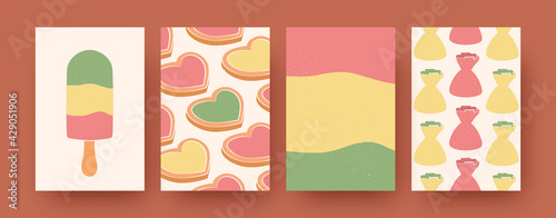 Set of abstract dessert elements in pastel colors. Cookies, truffles, ice cream templates in vector illustrations. Sweet food and confectionery concept for social media, postcards, invitation cards