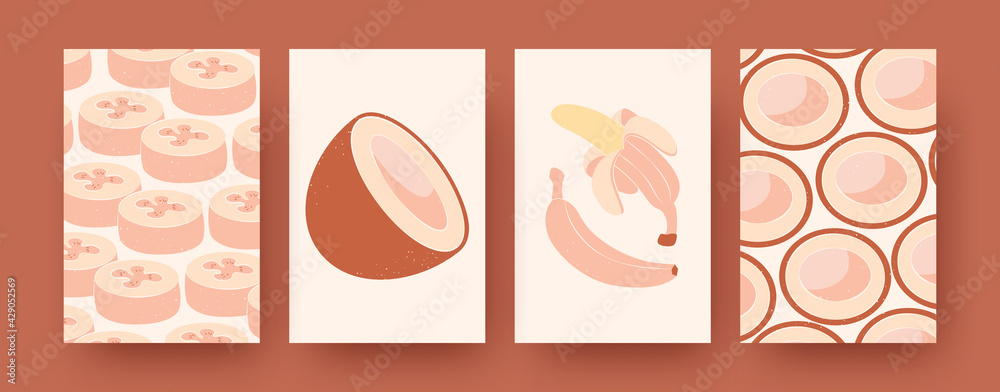 Set of abstract exotic fruit shapes in pastel colors. Decorative coconuts and bananas in retro background. Tropical and healthy food concept for social media, postcards, invitation cards