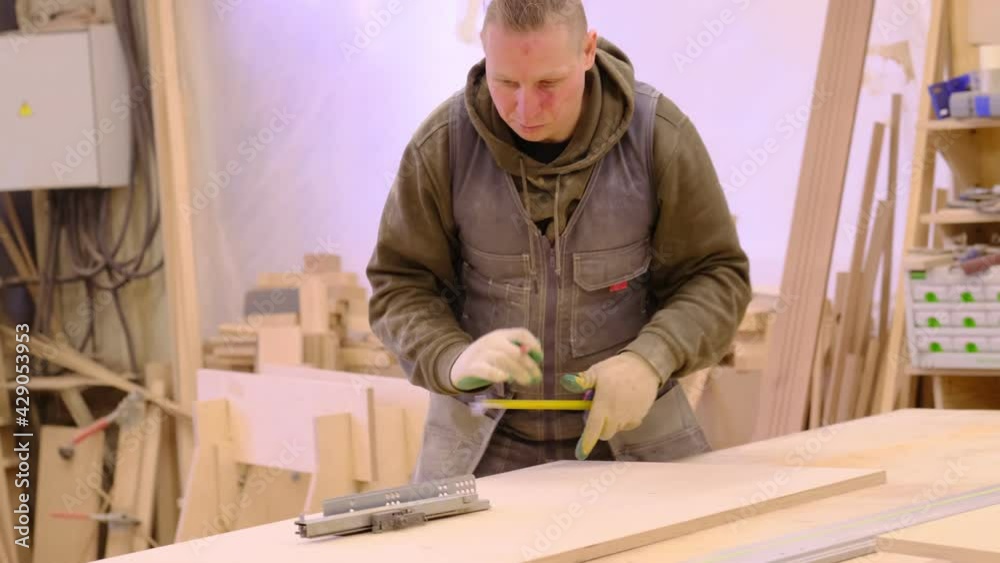 Close up. Carpenter holding a measure tape on the work bench. Woodwork and furniture making concept. Carpenter in the workshop marks out and assembles parts of the furniture cabinet