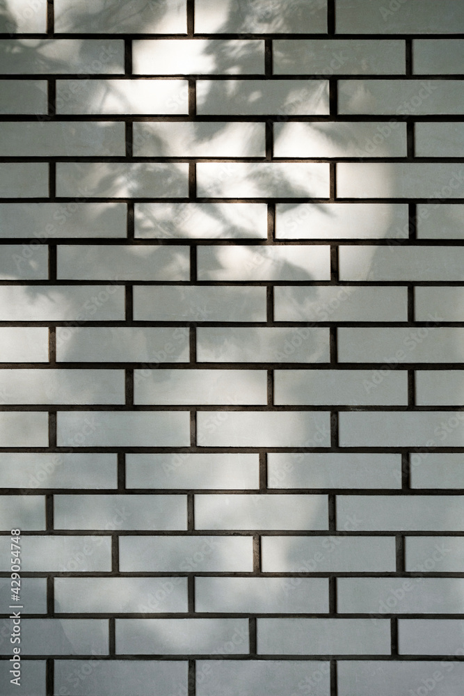 Outdoor white brick wall with dark leaf shadows on summer day. Grey background. Copy space. Vertical photo. Outdoor white brick wall with dark leaf shadows on summer day. Grey background. Copy space. Vertical photo.