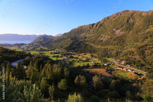 Norway rural landscape. Aheim town in Vanylven Municipality.