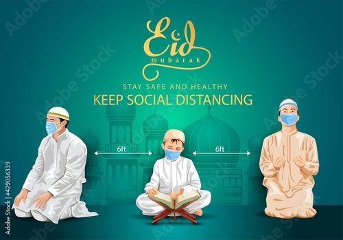 Ramadan Kareem and Eid Mubarak greetings. Islamic people keep social distancing vector illustration design. covid-19, corona virus concept.