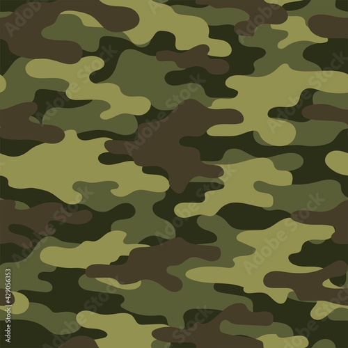 Abstract green seamless military camo texture for print. Forest background. Vector