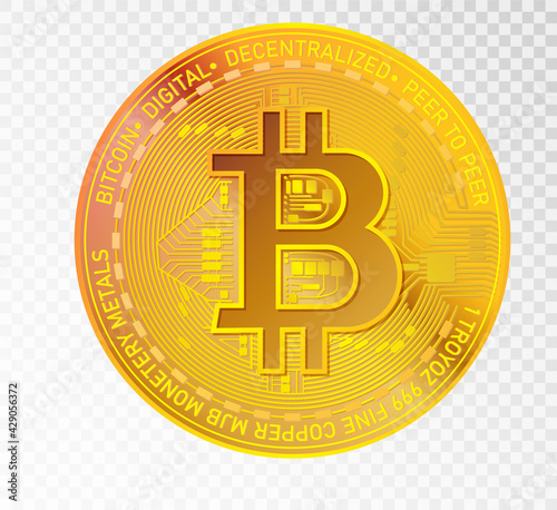 Gold bitcoin coin. Bitcoin symbol in cryptocurrency isolated on transparent background. Realistic vector illustration.