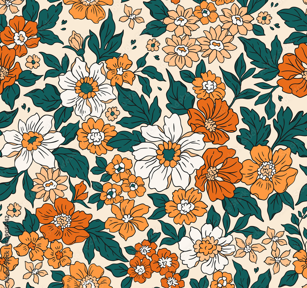 Vintage seamless floral pattern. Liberty style background of small golden orange  flowers. Small flowers scattered over a white background. Stock vector for  printing on surfaces. Realistic flowers. Stock Vector | Adobe Stock