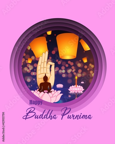 Indian Buddha Purnima festival with text, illustration is showing Buddha seating and absorbed in meditation