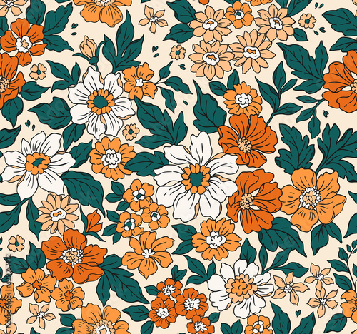 Vintage seamless floral pattern. Liberty style background of small golden orange flowers. Small flowers scattered over a white background. Stock vector for printing on surfaces. Realistic flowers.