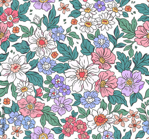 Vintage seamless floral pattern. Liberty style background of small pink and mauve flowers. Small flowers scattered over a white background. Stock vector for printing on surfaces. Realistic flowers.