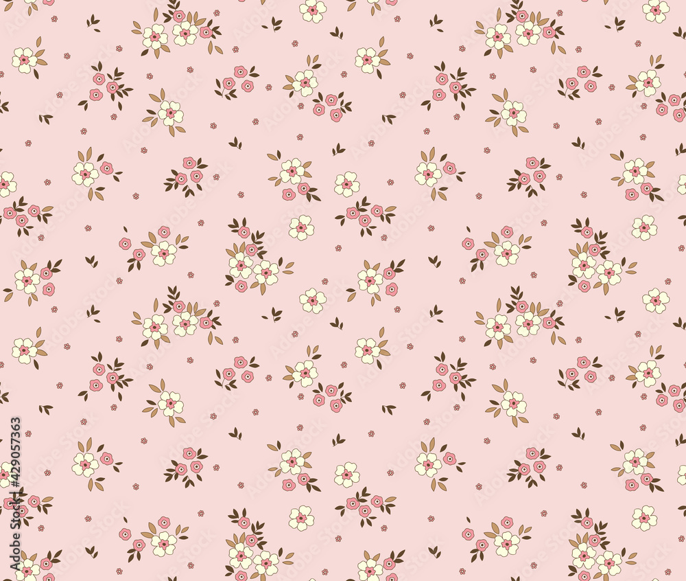 Cute seamless vector floral pattern. Endless print made of small white flowers. Summer and spring motifs. Light pink  background. Stock vector illustration.