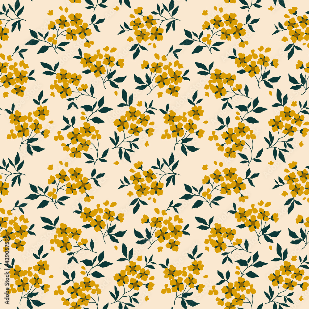Seamless floral pattern. Ditsy background of small old gold flowers and dark green leaves. Small-scale flowers scattered over a white background. Stock vector for printing on surfaces and web design.