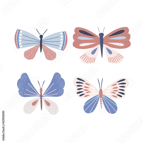Whimsy ornate decorative butterfly vector illustration set. Floral moth clip art collection isolated on white. Modern folksy summer wings kid design for card making, scrapbook, t-shirt print