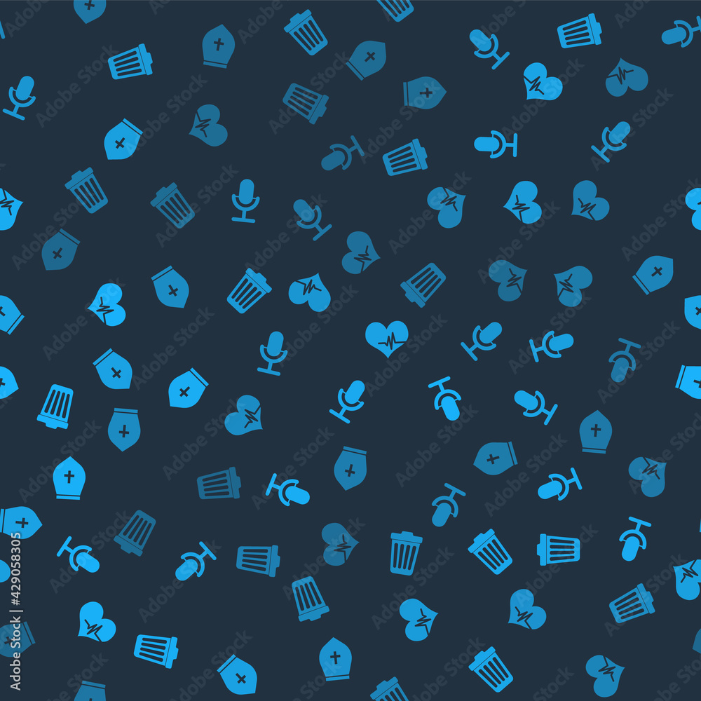 Set Trash can, Microphone, Heart rate and Pope hat on seamless pattern. Vector