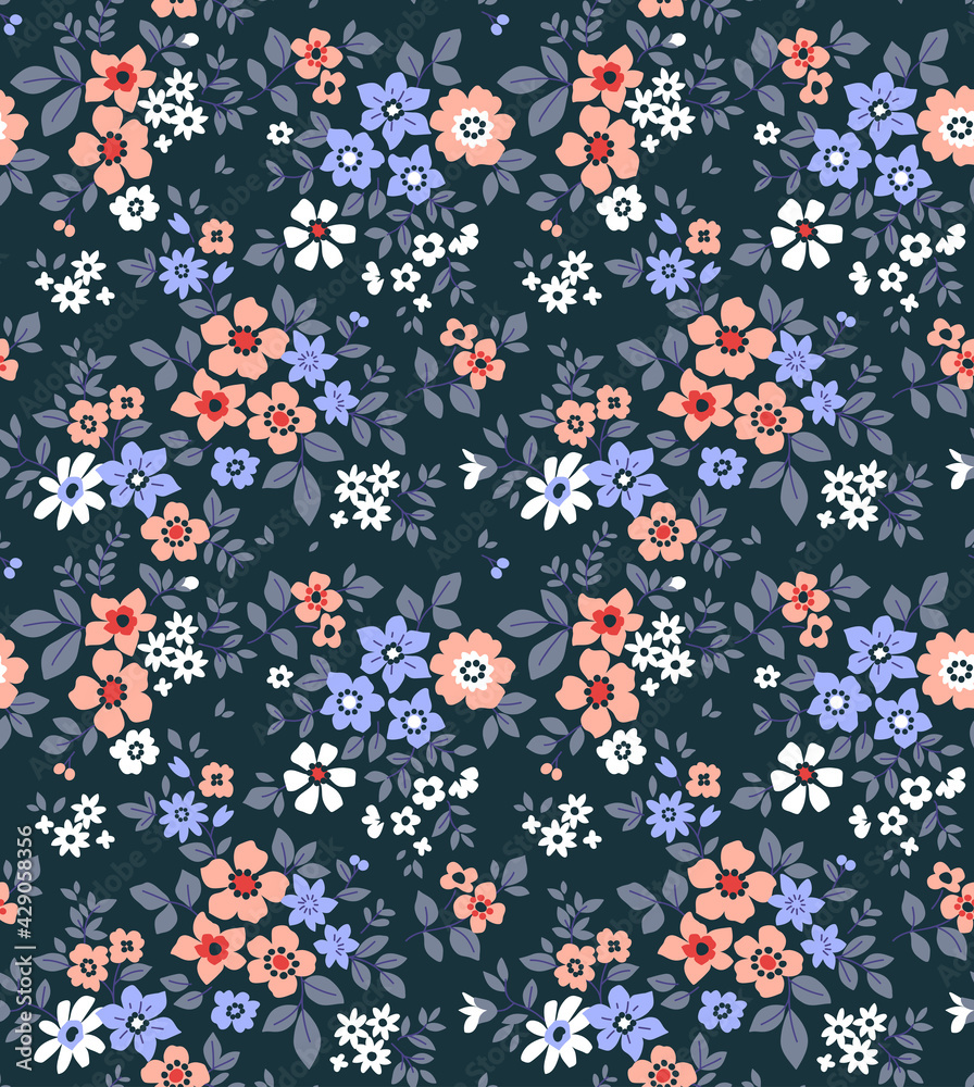 Trendy seamless vector floral pattern. Endless print made of small coral and mauve flowers. Summer and spring motifs. Dark gray background. Stock vector illustration. Trendy seamless vector floral pattern. Endless print made of small coral and mauve flowers. Summer and spring motifs. Dark gray background. Stock vector illustration.