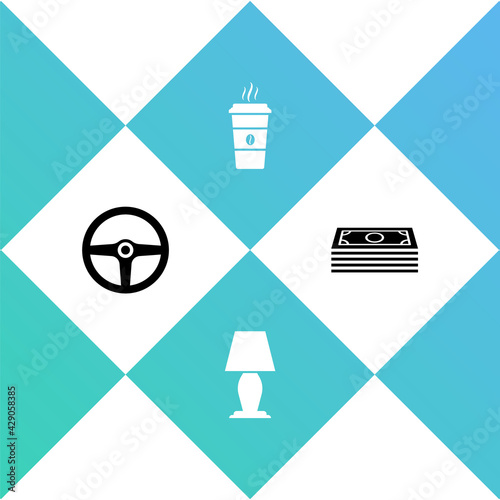 Set Steering wheel, Table lamp, Coffee cup and Stacks paper money cash icon. Vector