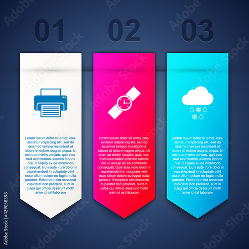 Set Printer, Wrist watch and Cloud with snow and rain. Business infographic template. Vector