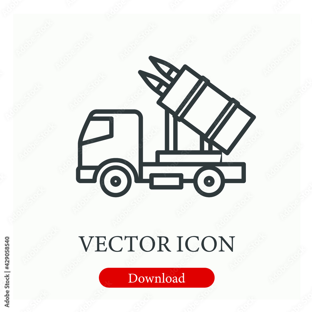 Military vehicle vector icon.  Editable stroke. Linear style sign for use on web design and mobile apps, logo. Symbol illustration. Pixel vector graphics - Vector