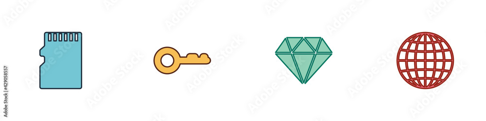Set Micro SD memory card, Key, Diamond and Earth globe icon. Vector Set Micro SD memory card, Key, Diamond and Earth globe icon. Vector