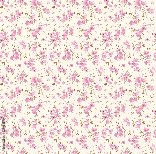 Seamless vintage floral pattern. Beautiful light pink and mauve flowers on white background. Delicate flowers in modern style. Stock vector for prints on surface. 