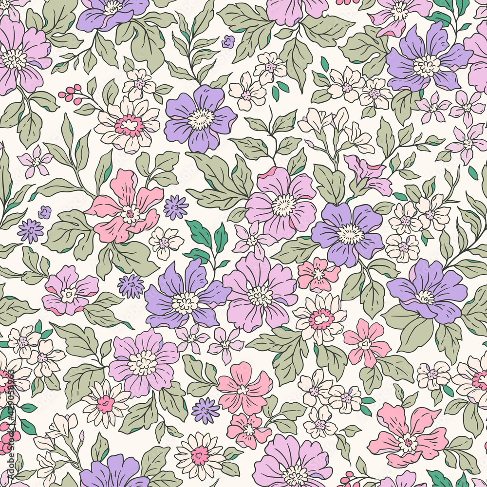 Vintage seamless floral pattern. Liberty style background of small mauve and lilac flowers. Small flowers scattered over a white background. Stock vector for printing on surfaces. Realistic flowers.