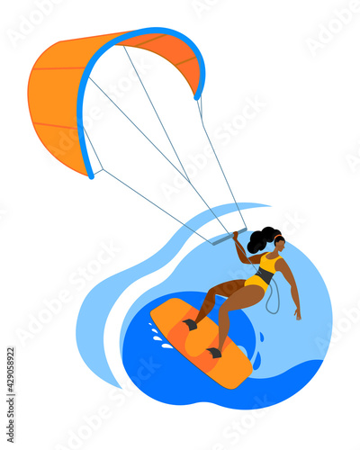 A girl on a board is engaged in kitesurfing. Vector icon or sticker in a flat style on the theme of surfing.