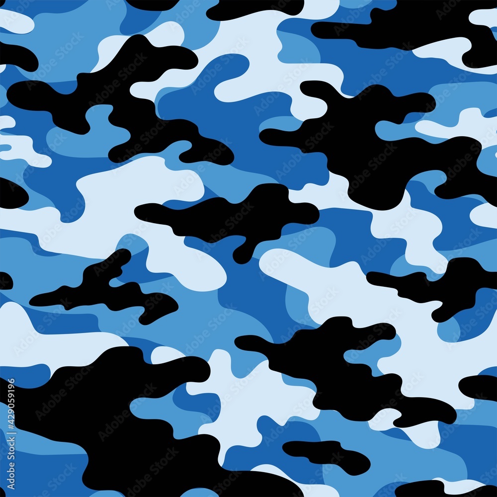 Abstract seamless camouflage blue pattern for printing clothes, fabrics. Army background. Vector design.