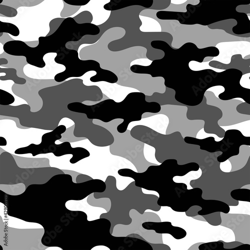 Abstract seamless camouflage grey pattern for printing clothes, fabrics. Army background. Vector design.