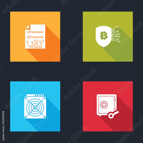 Set Smart contract, Shield with bitcoin, ASIC Miner and Proof of stake icon. Vector