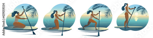 A girl in a swimsuit with a paddle stands on a surfboard. A set of Vector icons or stickers in a flat style on the theme of paddle surfing.