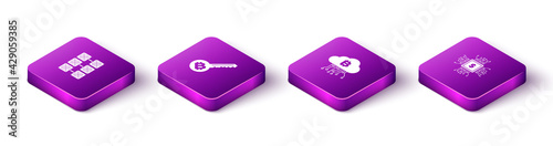 Set Isometric Mining farm, Cryptocurrency key, cloud mining and Processor chip with dollar icon. Vector