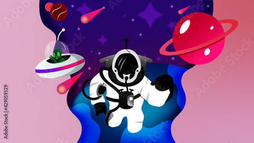 astronaut floating in colorful space full of stars with comets, planets, spaceship and giant planet in the background