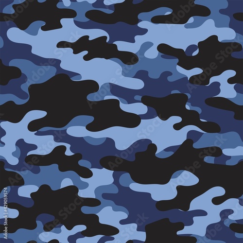 Digital blue camouflage seamless pattern. Military texture. Abstract army or hunting masking ornament. Classic background. Vector design illustration.