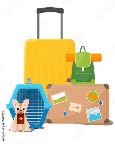 Traveling with pets. Suitcases, backpack and dog carrier. Happy dog ​​next to the transport cage. Vector illustration isolated on white background.