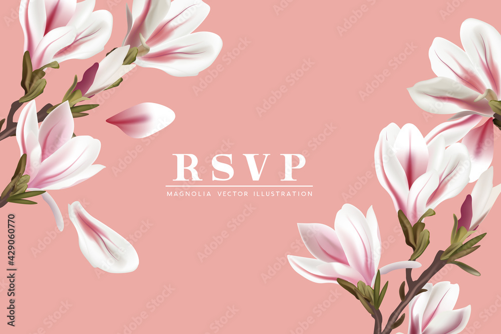 Naklejka premium Floral Magnolia flowers RSVP card placement template. Contemporary layout vector illustration.