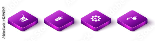 Set Isometric Shopping cart with marijuana, Cup coffee, Test tube and Watering can icon. Vector