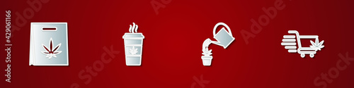 Set Shopping bag of marijuana, Cup coffee with, Watering can and cart icon. Vector