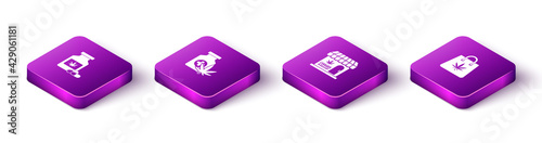 Set Isometric Medical bottle with marijuana, , Marijuana and cannabis store and Shopping bag of icon. Vector