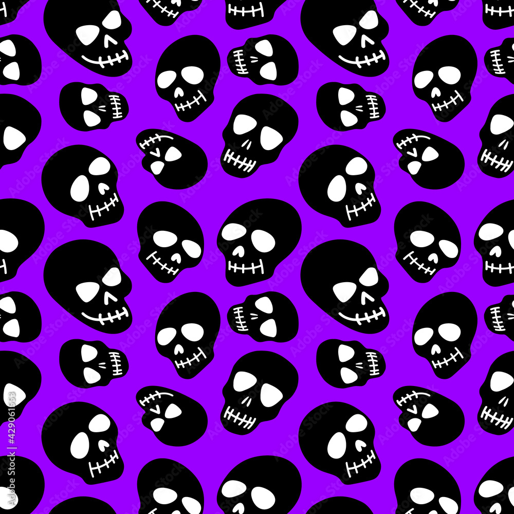 Skull pattern. Black skulls on a purple background.Vector illustration. Bright and fashionable design for Halloween, Day of the dead, tattoos, prints, post Skull pattern. Black skulls on a purple background.Vector illustration. Bright and fashionable design for Halloween, Day of the dead, tattoos, prints, post