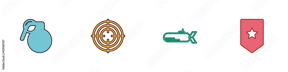 Set Hand grenade, Target sport, Submarine and Chevron icon. Vector Set Hand grenade, Target sport, Submarine and Chevron icon. Vector