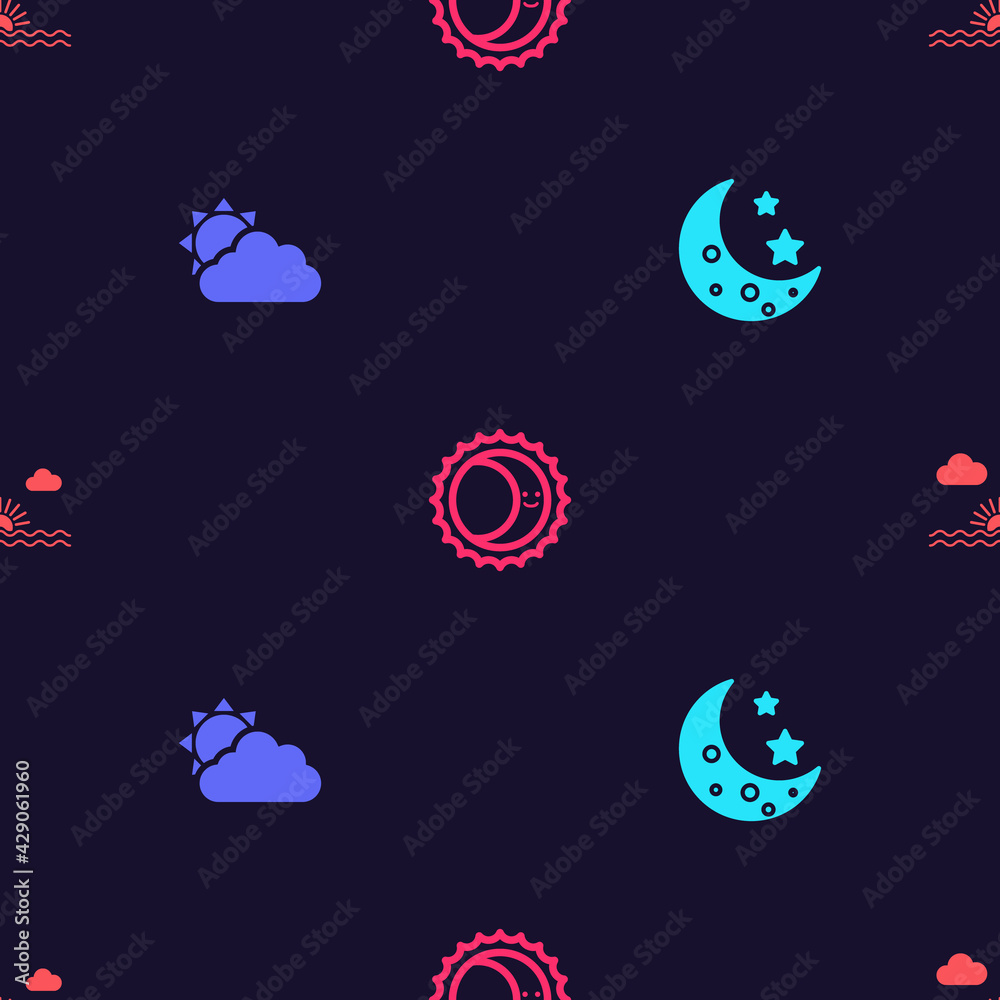 Set Moon and stars, Sun cloud weather, Eclipse of sun and Sunset on seamless pattern. Vector Set Moon and stars, Sun cloud weather, Eclipse of sun and Sunset on seamless pattern. Vector