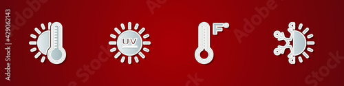 Set Thermometer with sun, UV protection, Meteorology thermometer and Sun and snowflake icon. Vector