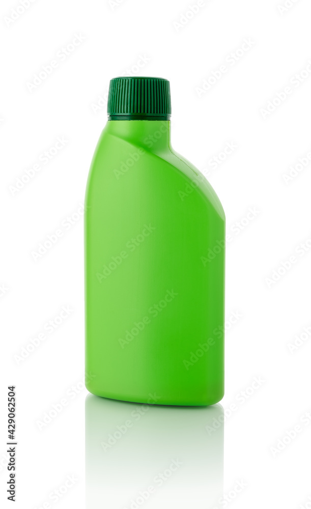 Liquid  houseplant fertilizer in a green plastic bottle with cap isolated on white background. Unlabeled container of mineral or organic fertilizer for and gardening design.
