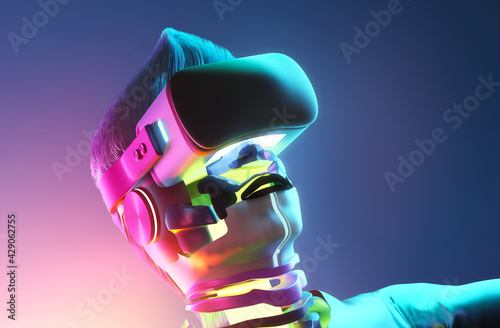 Futuristic surreal man wearing a virtual reality headset, VR lifestyle 3D illustration. photo