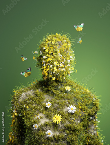 A human abstract figure made from natural organic materials such as wildflowers. Green living, People and the environment 3D illustration.