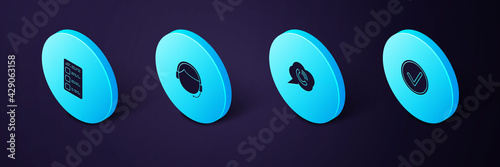 Set Isometric Check mark in circle, Speech bubble with phone call, Man headset and Create account screen mobile icon. Vector
