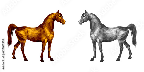 two horses stand opposite each other  isolated image on a white background in the style of low poly  amber and silver