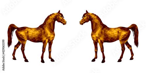 two horses stand opposite each other  isolated image on a white background in the style of low poly  amber 